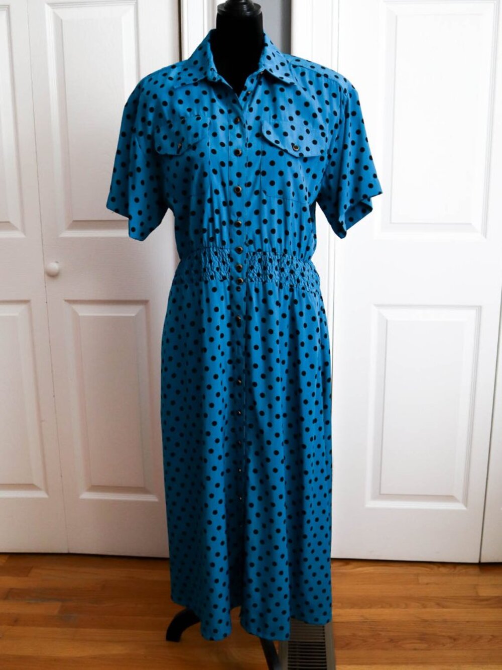 Vtg '90s Leslie Fay Polka Dot Maxi Shirt Dress Teal Blue Sz 6 Retro Teacher